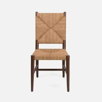 Bamboo woven dining chair with a curved backrest.