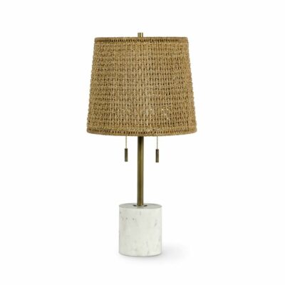 The image shows a table lamp with a unique design featuring a combination of marble rope and rattan materials The lamp s