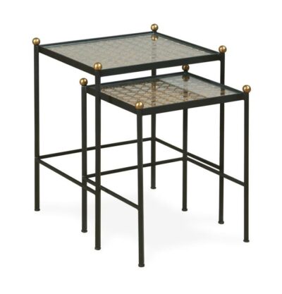 Wrought iron and woven cane nesting tables, featuring clear glass tops, brass finished ball finials, and base rails.