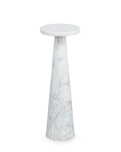Solid Marble Round Drinks Table, elegant and modern design featuring a round top and conical base made from solid white Carrera marble.
