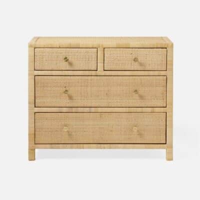 Close-up of an extra small single dresser in natural wrapped peeled rattan with three drawers.
