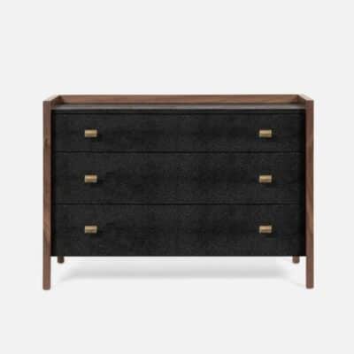 George 3 Drawer Faux Shagreen Dresser in Navy/Walnut, featuring sleek lines and rich wood tones.