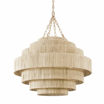 Round Chandelier in Taupe Finish with Powder Coated Metal Frame and Rope-Woven Design Over Chain Hanging Kit, Viewed from Above.