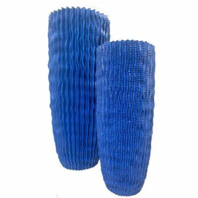 Blue cactus vases in close-up, varying slightly in size, showcasing intricate details and vibrant color.