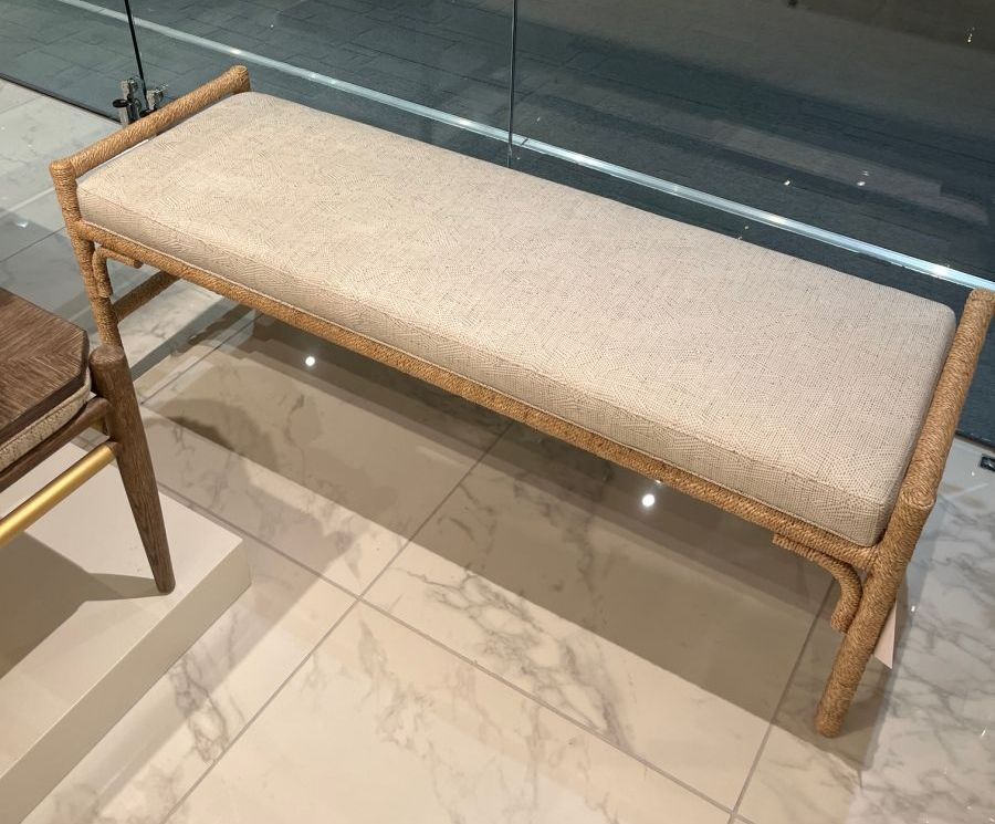 Close-up of Abaca Rope Bench with Pearl Graphic Cushion and Asian Style Rope Band Apron Detailing.