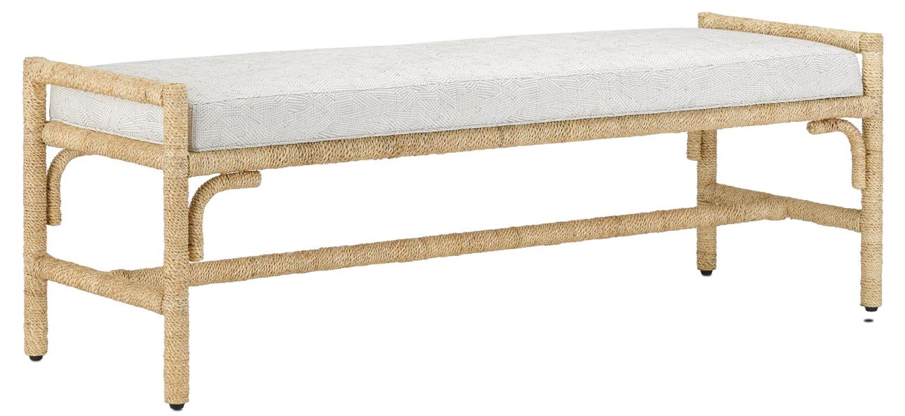 Modern abaca rope bench with graphic cushion, showcasing Asian-inspired detailing in a contemporary design