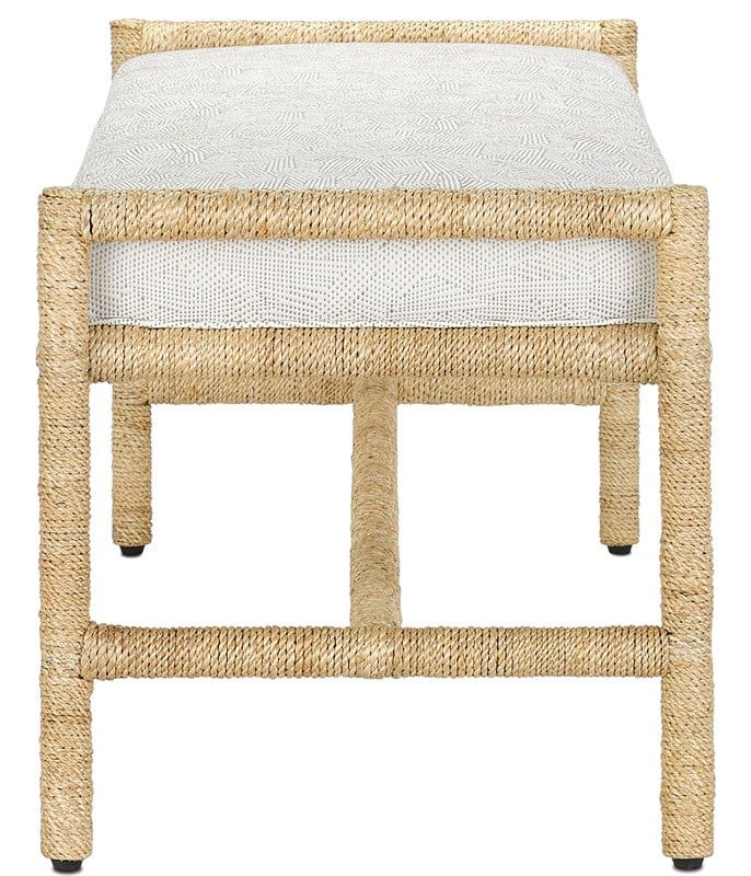 Abaca Rope Bench with Graphic Cushion, front view showcasing Asian style rope band apron detailing.