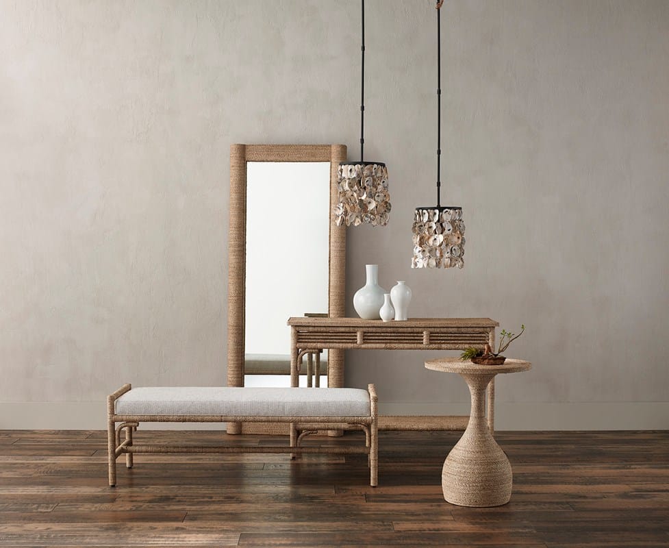 Abaca Rope Bench in front view with graphic cushion.
