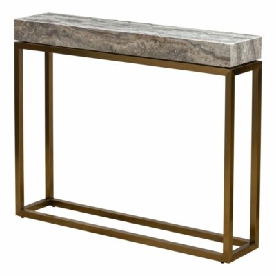 The Scott Console Table features a brushed brass base and a matte glam travertine top giving it an elegant and luxurious appearance