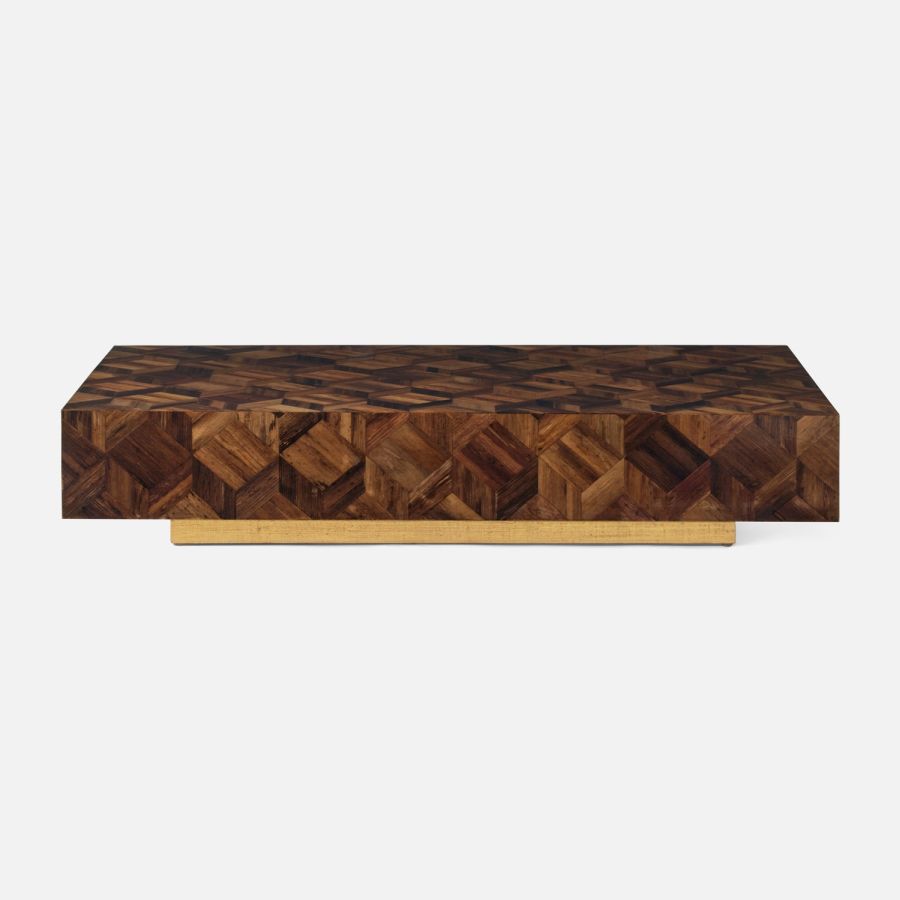 Rectangular coffee table with banana bark finish, gold raffia base, and natural wood variations in beiges, browns, tobaccos, and chocolates.