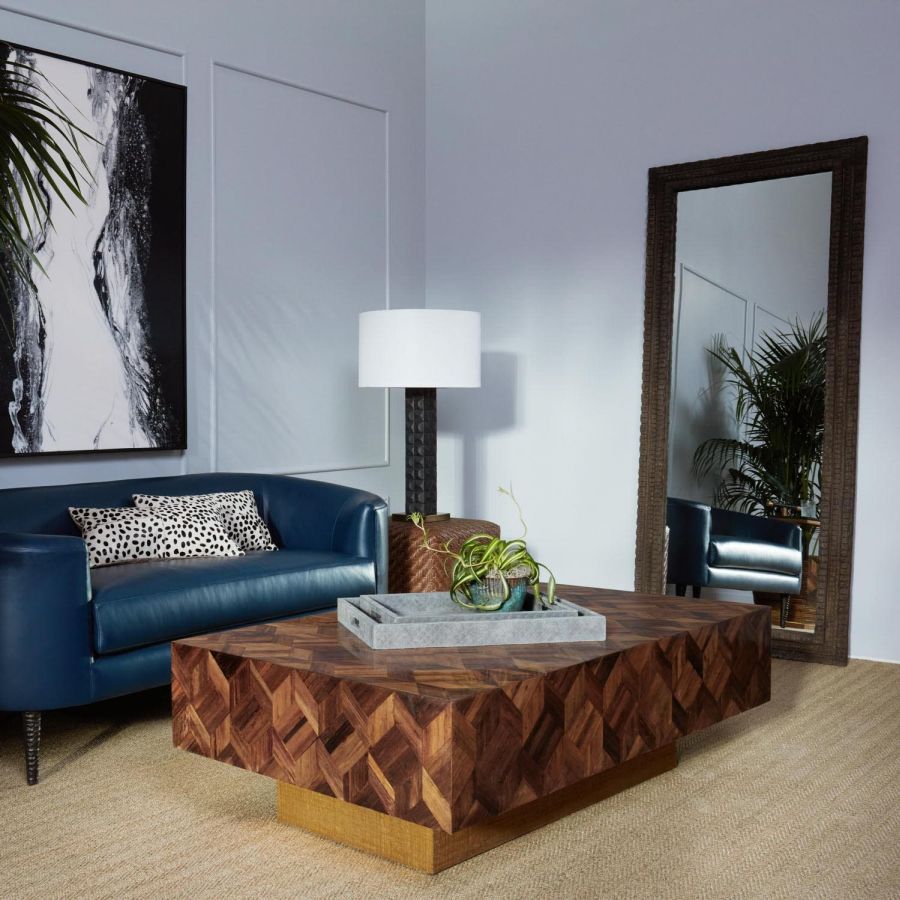 Rectangular coffee table in natural banana bark finish, featuring unique wood grain pattern.