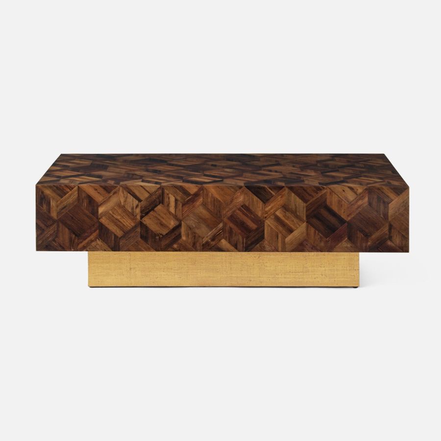 Rectangular block coffee table in banana bark finish with gold raffia base.