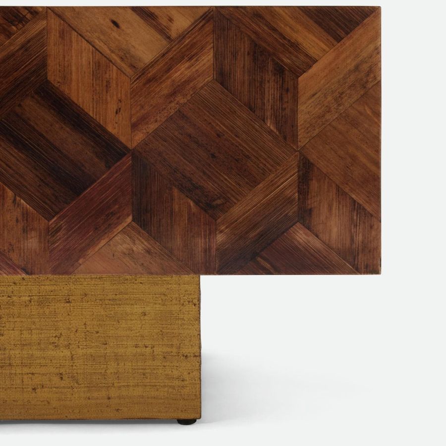 Handcrafted Banana Bark Block Coffee Table in Natural Brown, Gold Raffia Base, 48"L x 30"W x 16"H FNCT-1420-483016SANDRO.