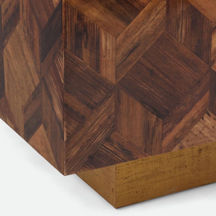 Close-up of rectangular coffee table with banana bark design, featuring rich brown tones and natural variations.