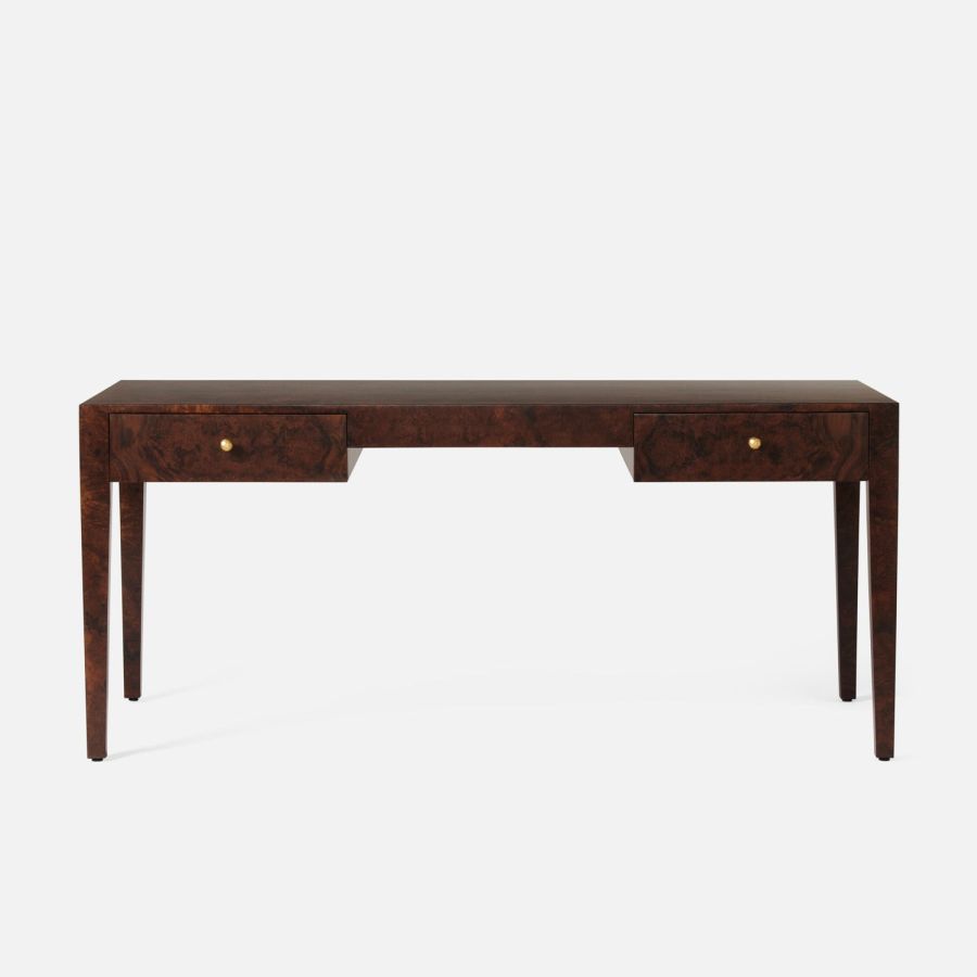 Olive Ash Burlwood desk with brass hardware, available in small and large sizes.