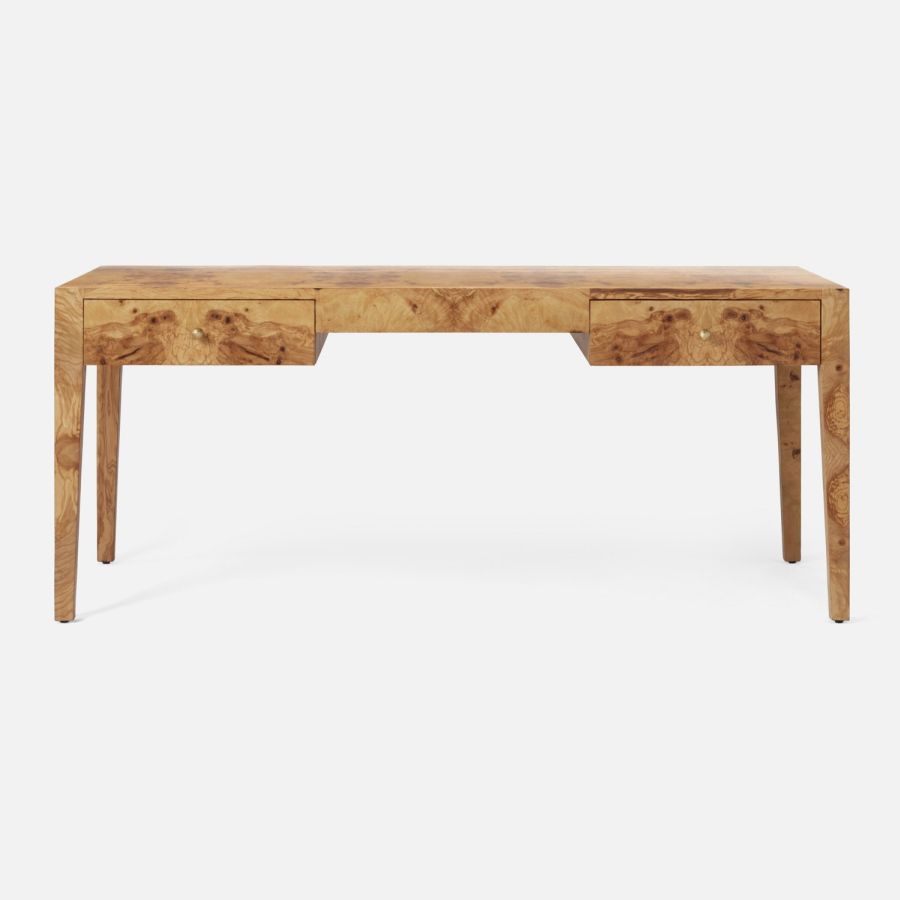 Luxurious extra large desk crafted from olive ash burlwood, featuring faceted brass hardware.