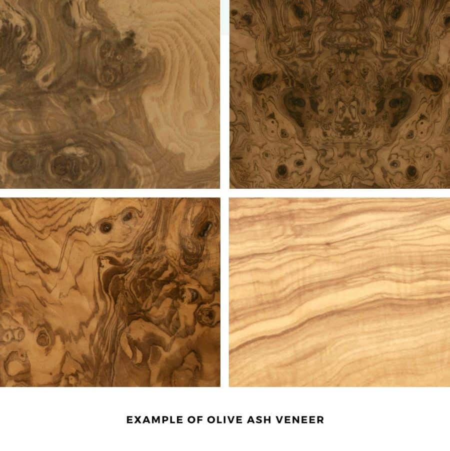 Close-up of an Extra Large Turner Burlwood Desk showcasing its intricate olive ash veneer pattern and brass hardware.
