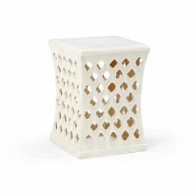White diamond cut out garden stool in ivory glaze, elegant ceramic design for outdoor use.