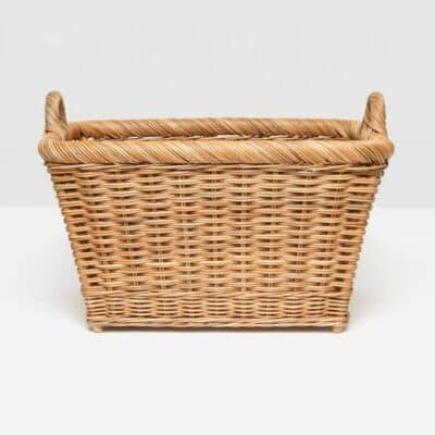 Rectangular rattan basket with handles, showcasing a natural woven texture.