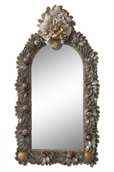 Olivia Hand Crafted Shell Mirror, adorned with intricate seashells in scalloped formation.