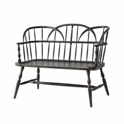18th Century Style Rustic Hoop Back Bench with Triple Arched Back Turned Slats Arms and Uprights Shaped Seat Above Turned Splayed Legs