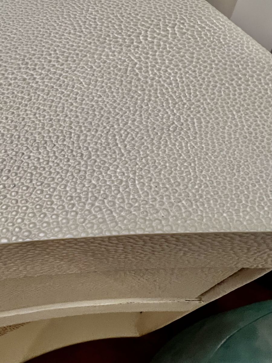 Elegant Ivory Faux Shagreen Console, featuring Serpentine front with Brass Finished Keyhole Hardware.