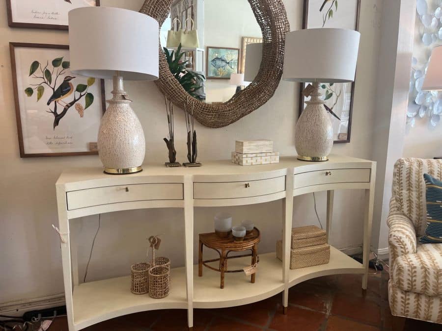 Ivory Faux Shagreen Console with Brass Hardware, Front View