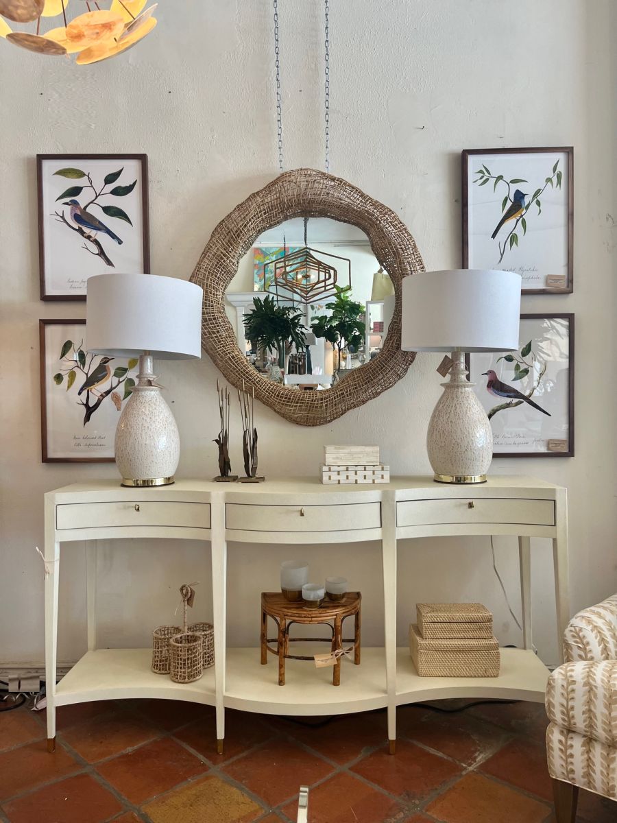 Elegant Ivory Faux Shagreen Console, featuring brass keyhole hardware and satin brass ferrules on tapered legs.