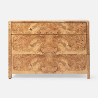 Turner 48″ Veneer Dresser in Olive Ash Veneer with Brass Hardware, front view.