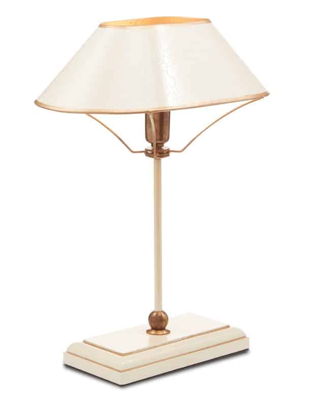 Ivory wrought iron table lamp with gold trim.