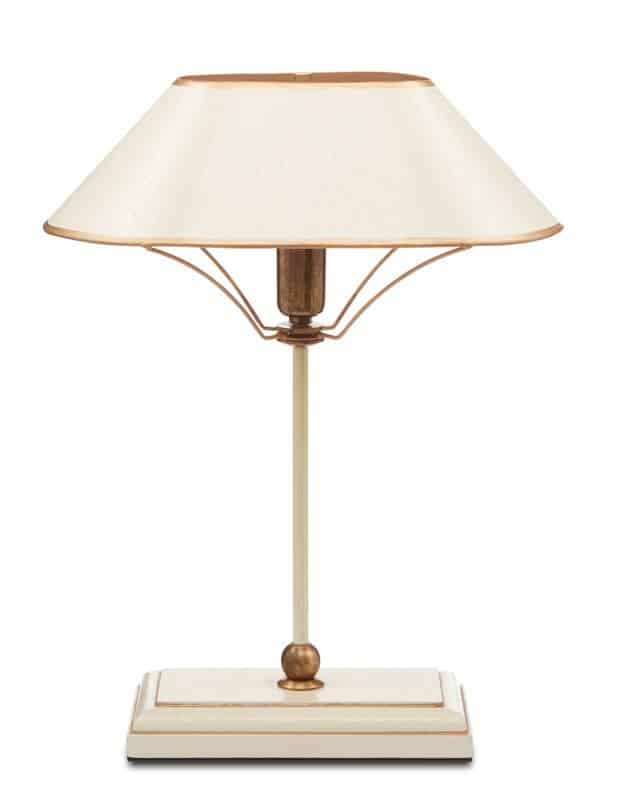 Ivory wrought iron oval lamp with brass accents and gold trim.