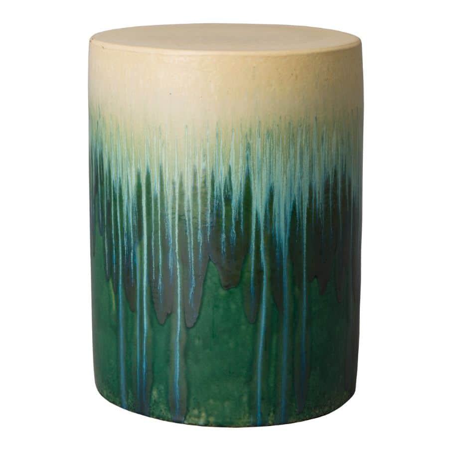 Cylinder Garden Stool with Glaze Cascade - Side Profile, Featuring Seafoam Color Blend