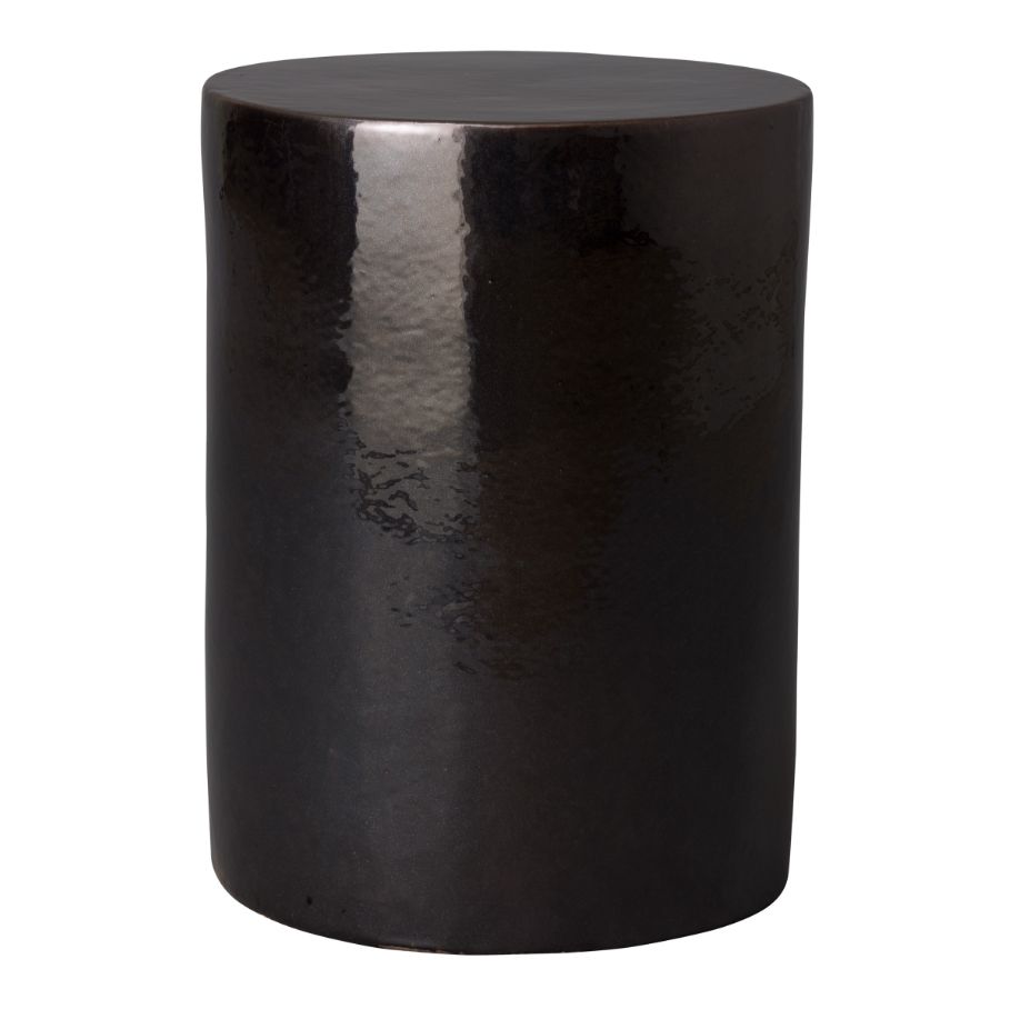 Cylindrical garden stool with glossy cascade finish, showcasing metallic sheen in green color.