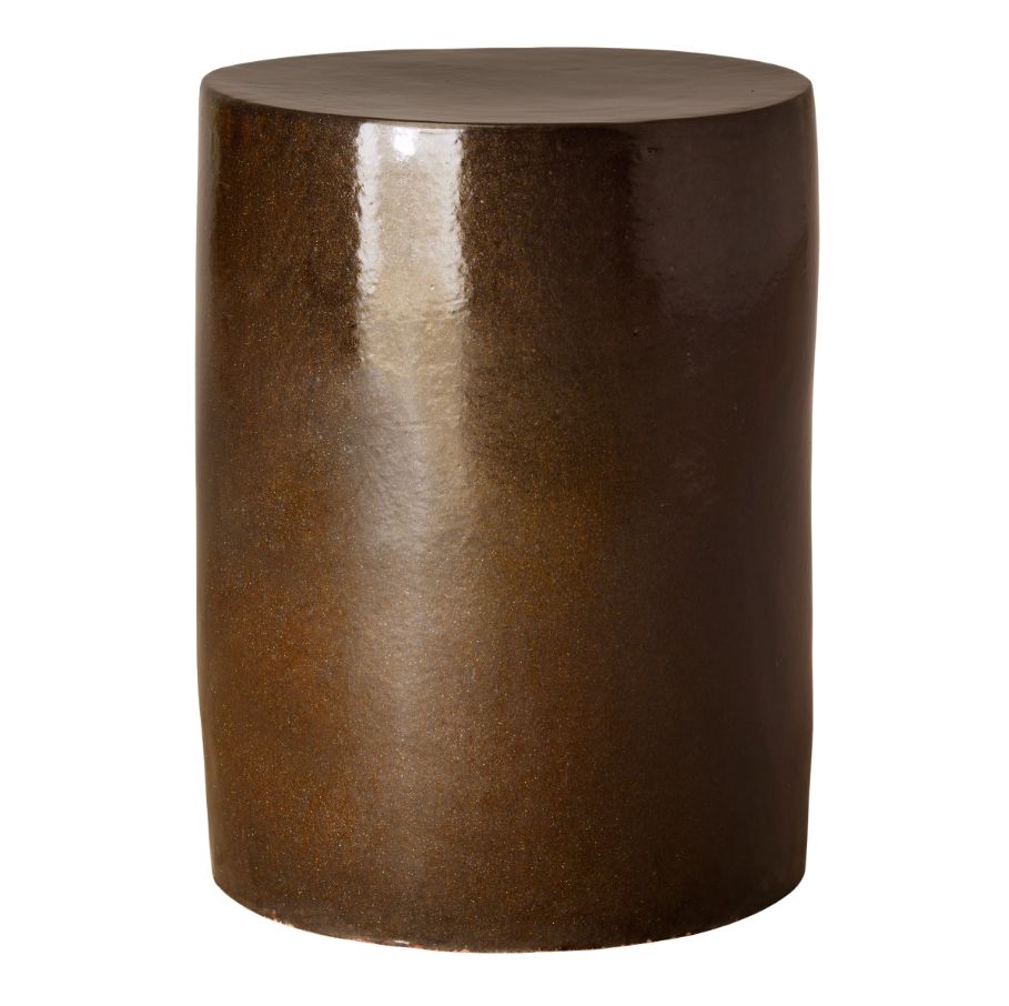Close-up of cylindrical garden stool in metallic finish.