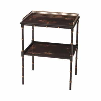 Close-up of a hand-painted chinoiserie side table featuring intricate details on both shelves and brass gallery accents.