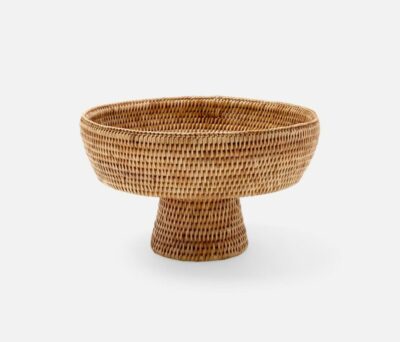 Large Rattan Footed Serving Bowl, front view showcasing intricate weaving pattern.