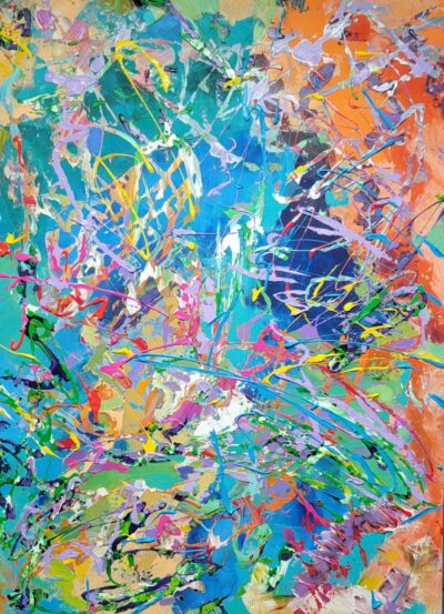 Abstract Art in Vibrant Colors on Canvas, Close-up View