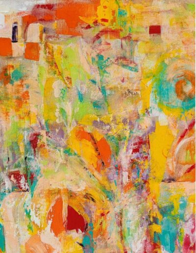 Vibrant village garden scene in bold, eye-catching colors on canvas.