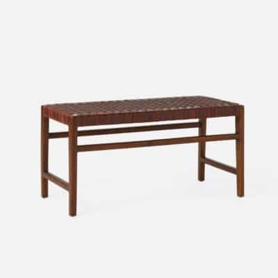 Woven Leather Seat on Wood Frame Bench.