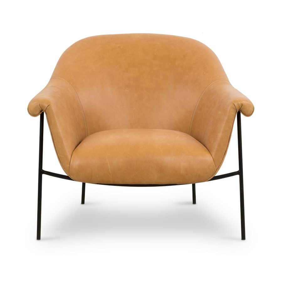Leather armchair with mid-century style and boucle option.