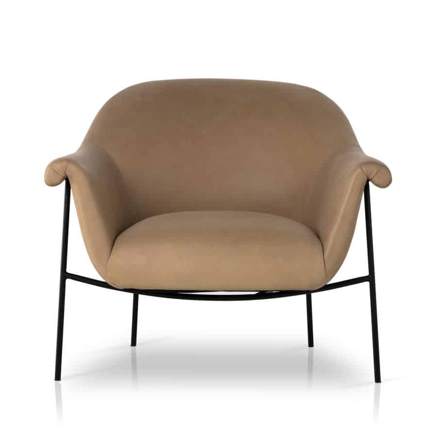Close-up of Kent Mid-Century Style Leather Chair in butterscotch leather on black iron base.