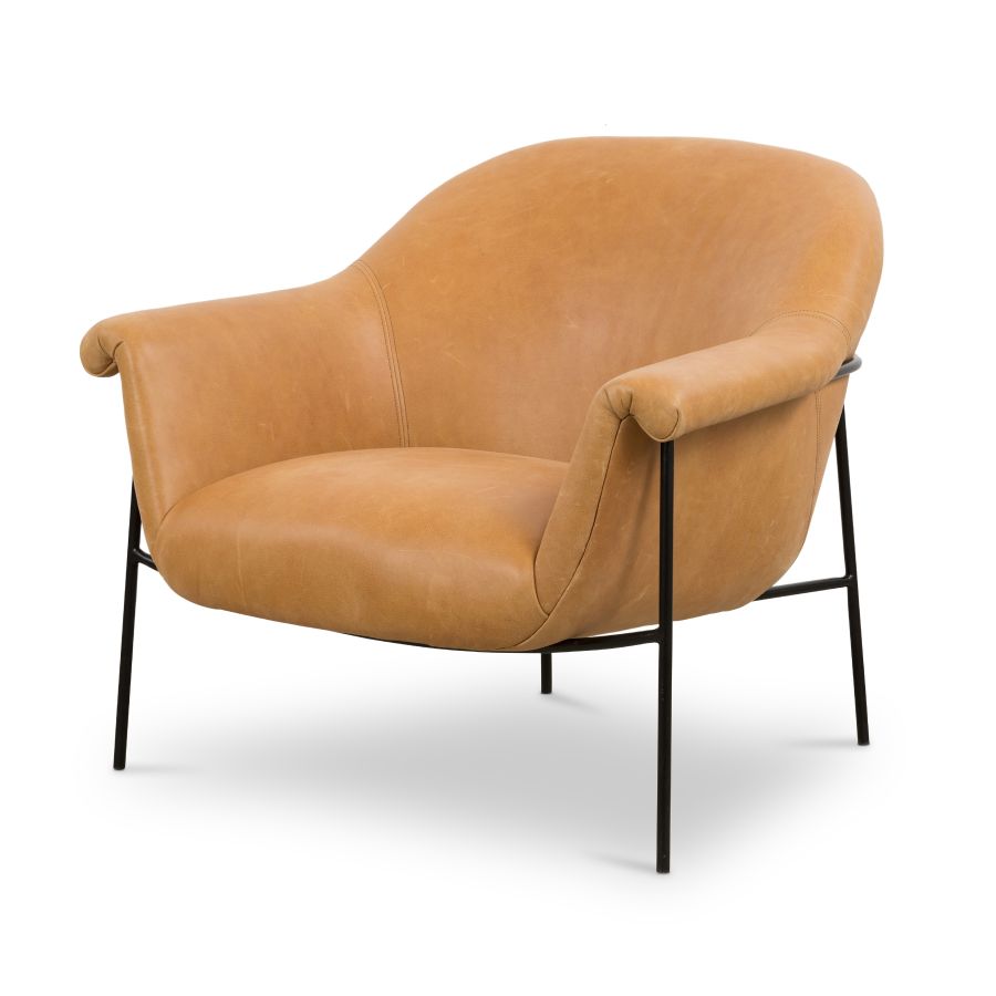 Butterscotch leather mid-century style chair with black iron base.