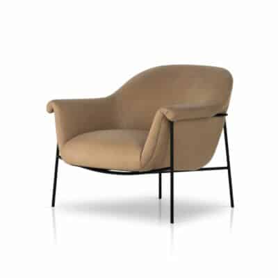 Stylish mid-century leather chair with black iron base, available in butterscotch or nude