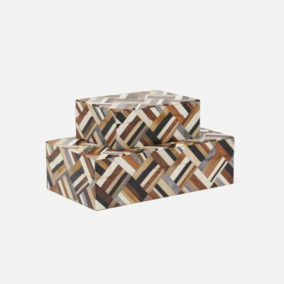 Close-up of stacked Basket Weave Wood and Horn Boxes in warm tones, showcasing intricate pattern and craftsmanship.