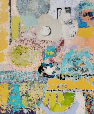 Colorful abstract acrylic painting on canvas in vibrant hues, featuring orbs and circles as focal points.