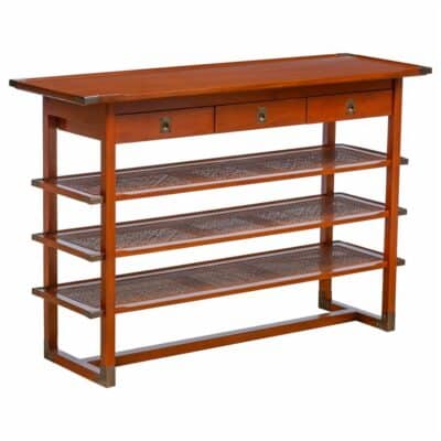 Wood Console with Three Cane Shelves, Solid Plantation Mahogany