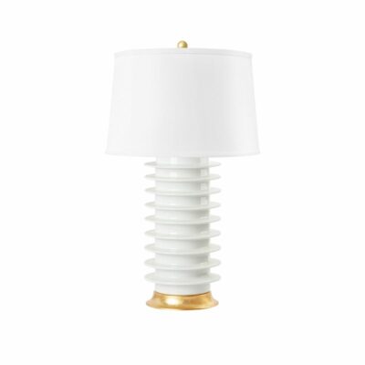 Modern Spoked Glazed Porcelain Lamp, Gold Leafed Base, Ball Finial, White Glaze, A-E26 Socket, 150 Watt Max, Dallas.