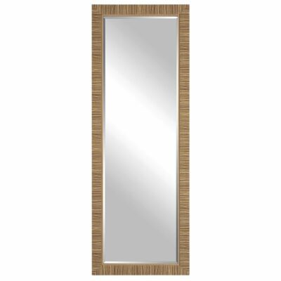 Faux rattan edged floor mirror with beveled edge, elegant design.