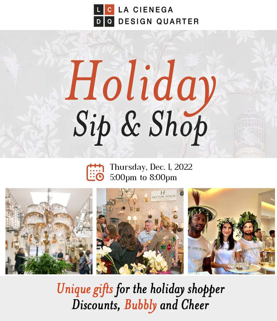 LCDQ Sip & Shop event flyer, featuring lively scenes from past events with people enjoying shopping, sipping drinks, and socializing.