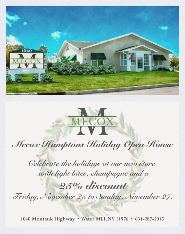 New storefront for Mecox Hampton Holiday Open House, featuring a welcoming atmosphere and holiday decorations.